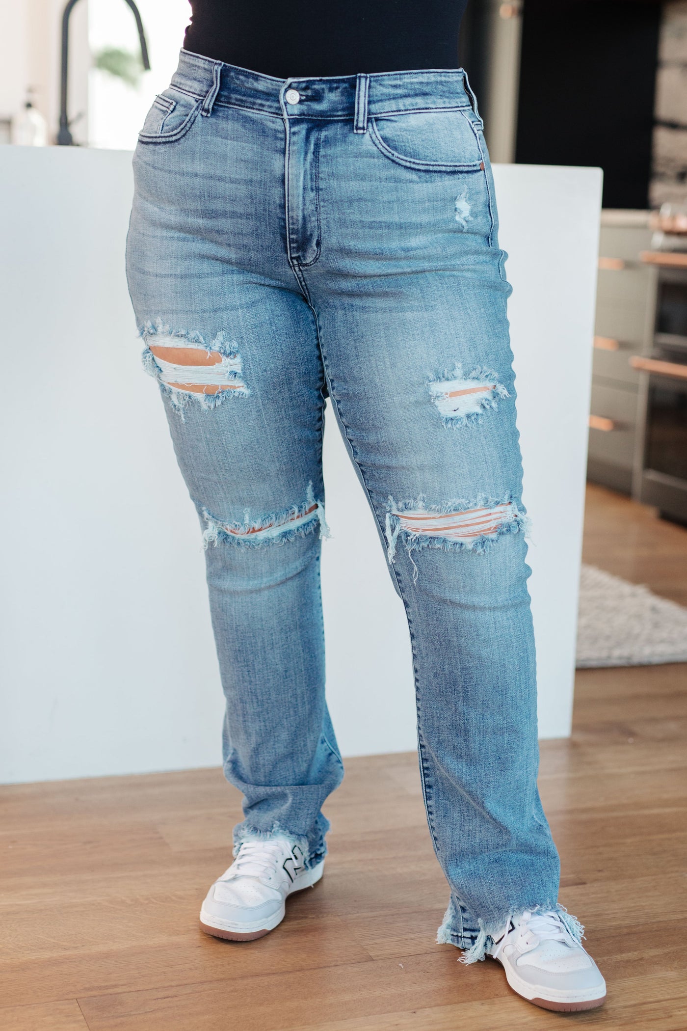 O'Hara Mid Rise Destroyed Straight Jeans in Medium Wash