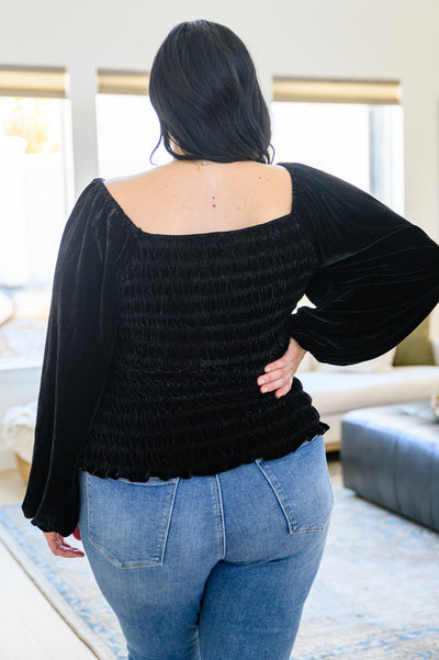 Believe In Miracles Smocked Velvet Top In Black