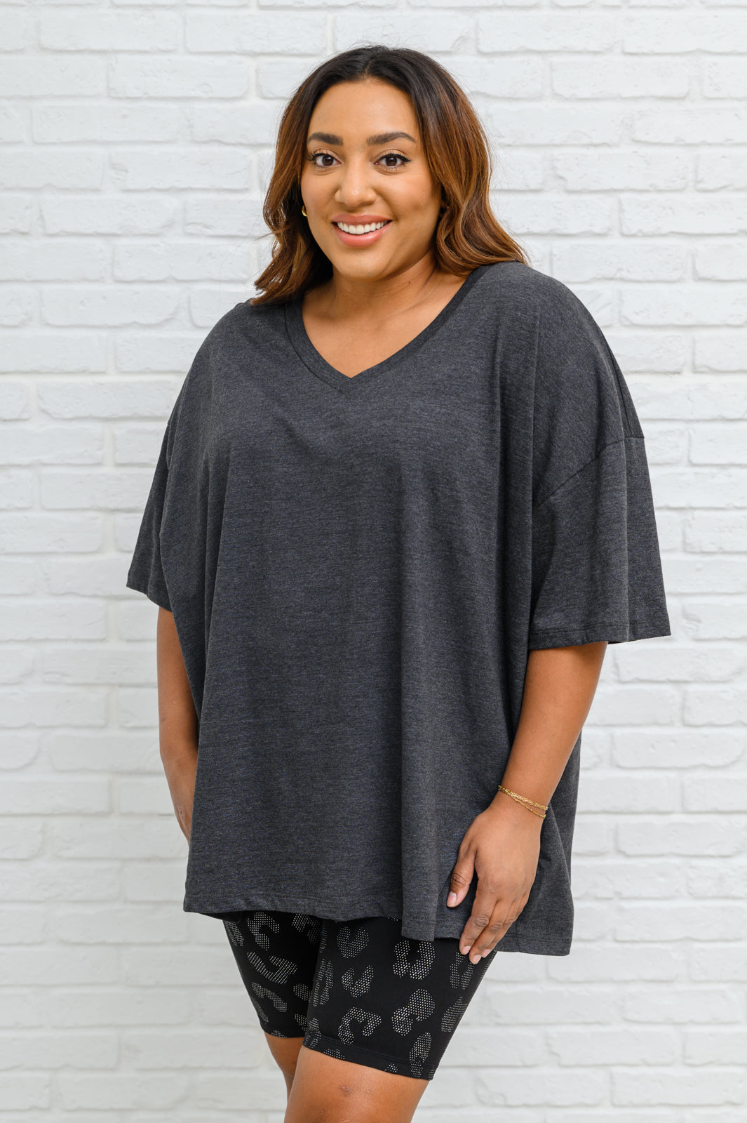 Boxy V Neck Boyfriend Tee In Charcoal