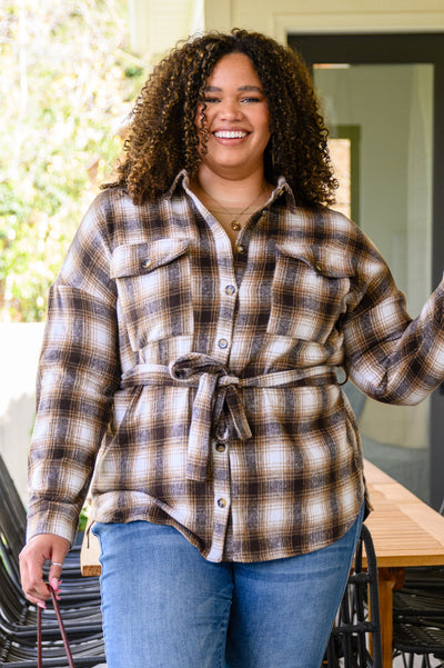 Outside Stroll Plaid Waist Tie Shacket In Brown