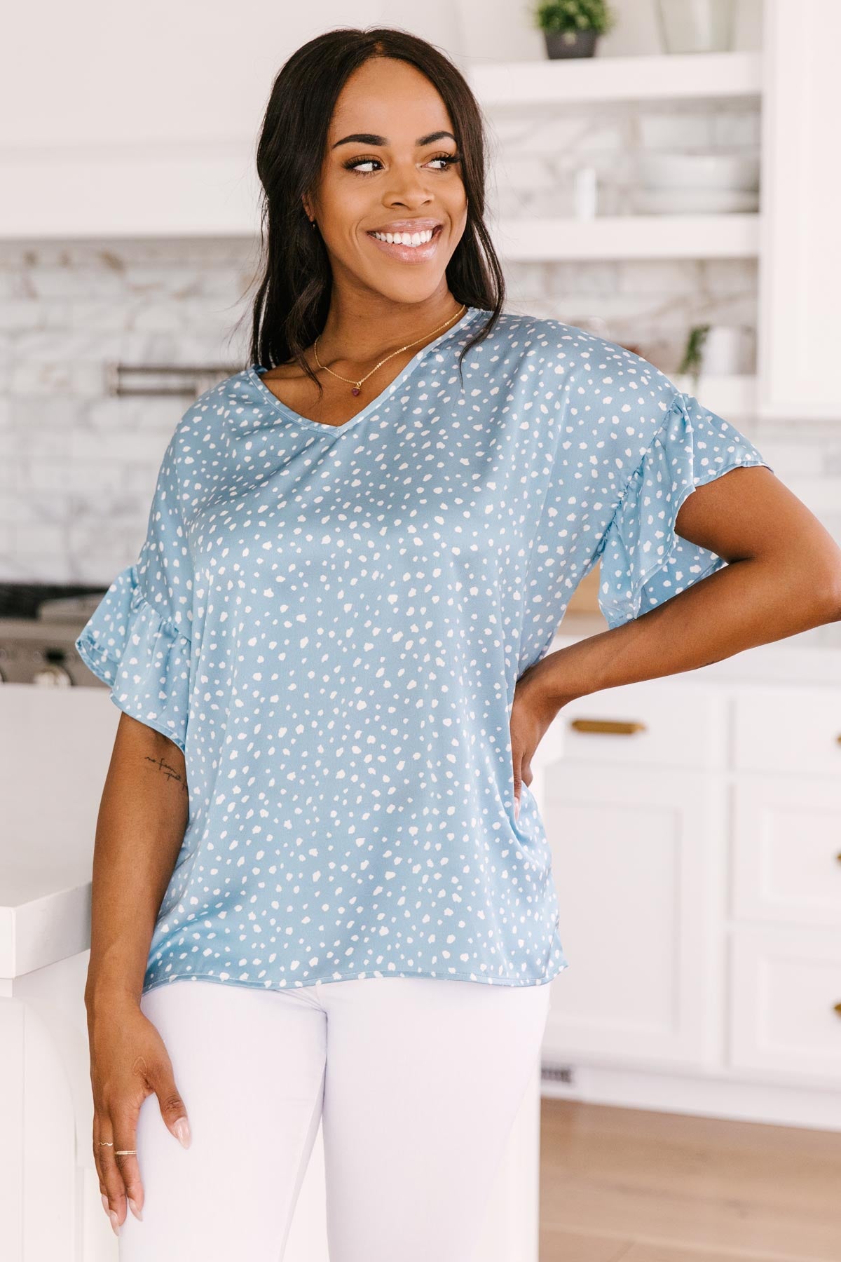 Silky Spots Ruffle Sleeve Blouse In Sky Blue