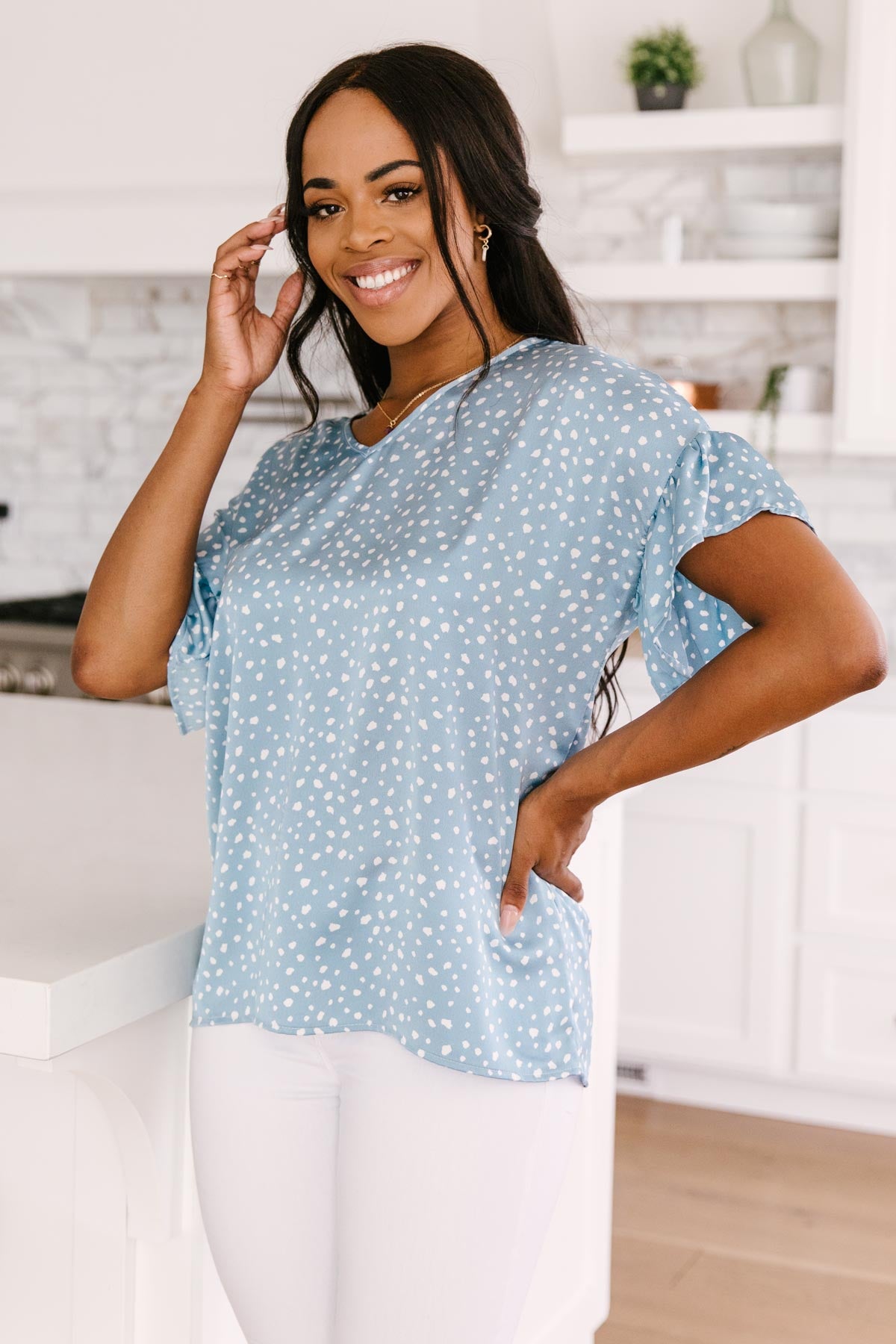 Silky Spots Ruffle Sleeve Blouse In Sky Blue