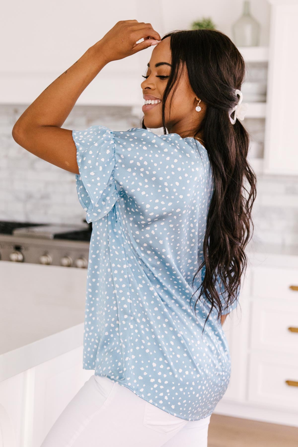 Silky Spots Ruffle Sleeve Blouse In Sky Blue