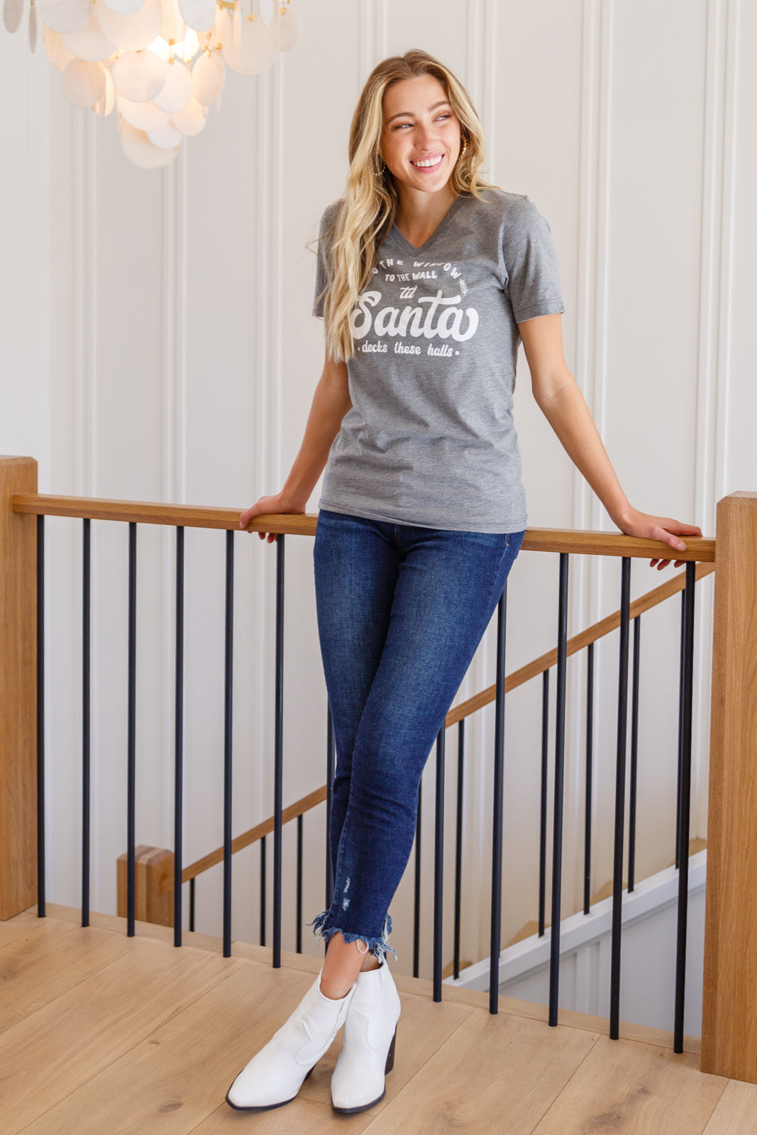 To The Window Graphic V Neck Tee In Gray