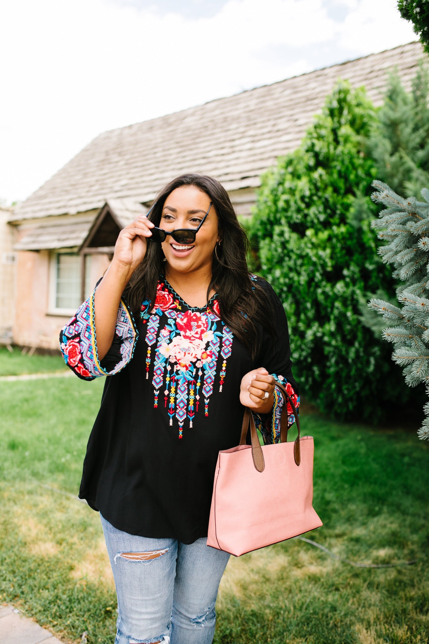 Black Boho Embroidered Blouse