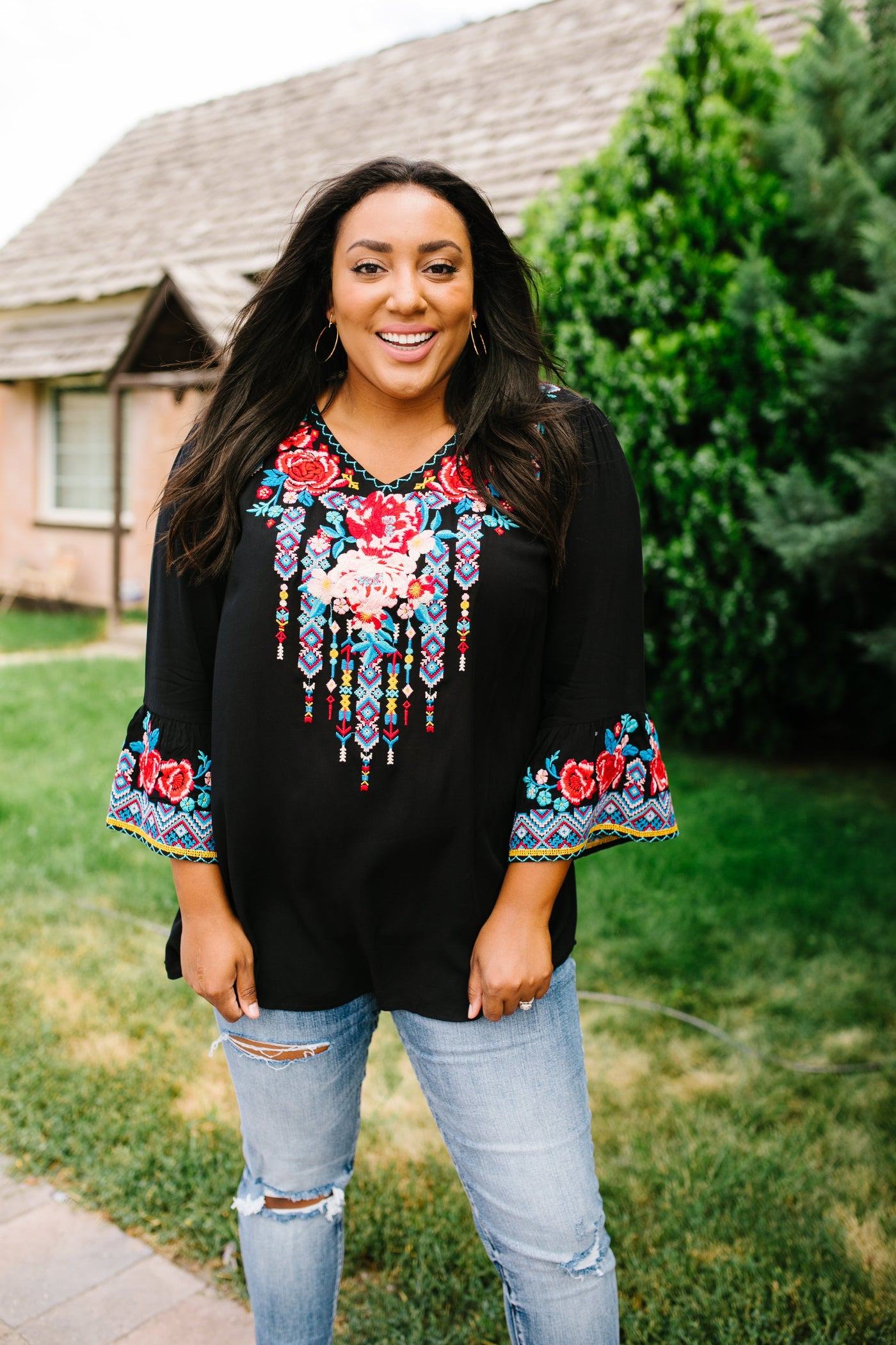 Black Boho Embroidered Blouse