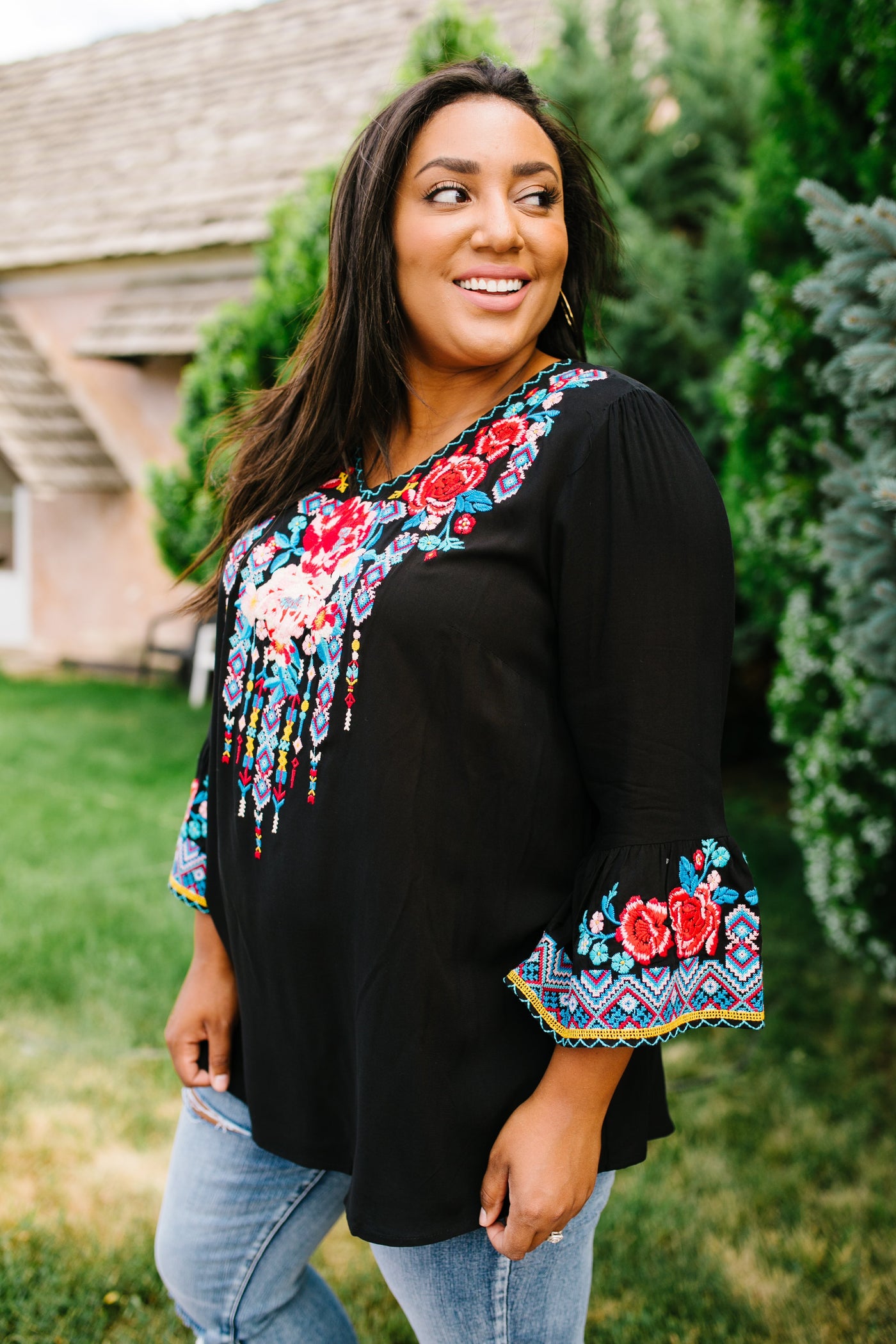 Black Boho Embroidered Blouse