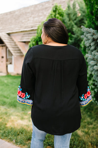 Black Boho Embroidered Blouse