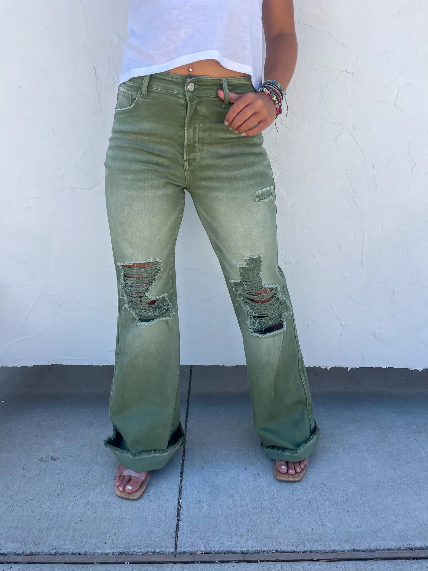 PREORDER: Blakeley Distressed Jeans In Olive and Camel Tall Inseam