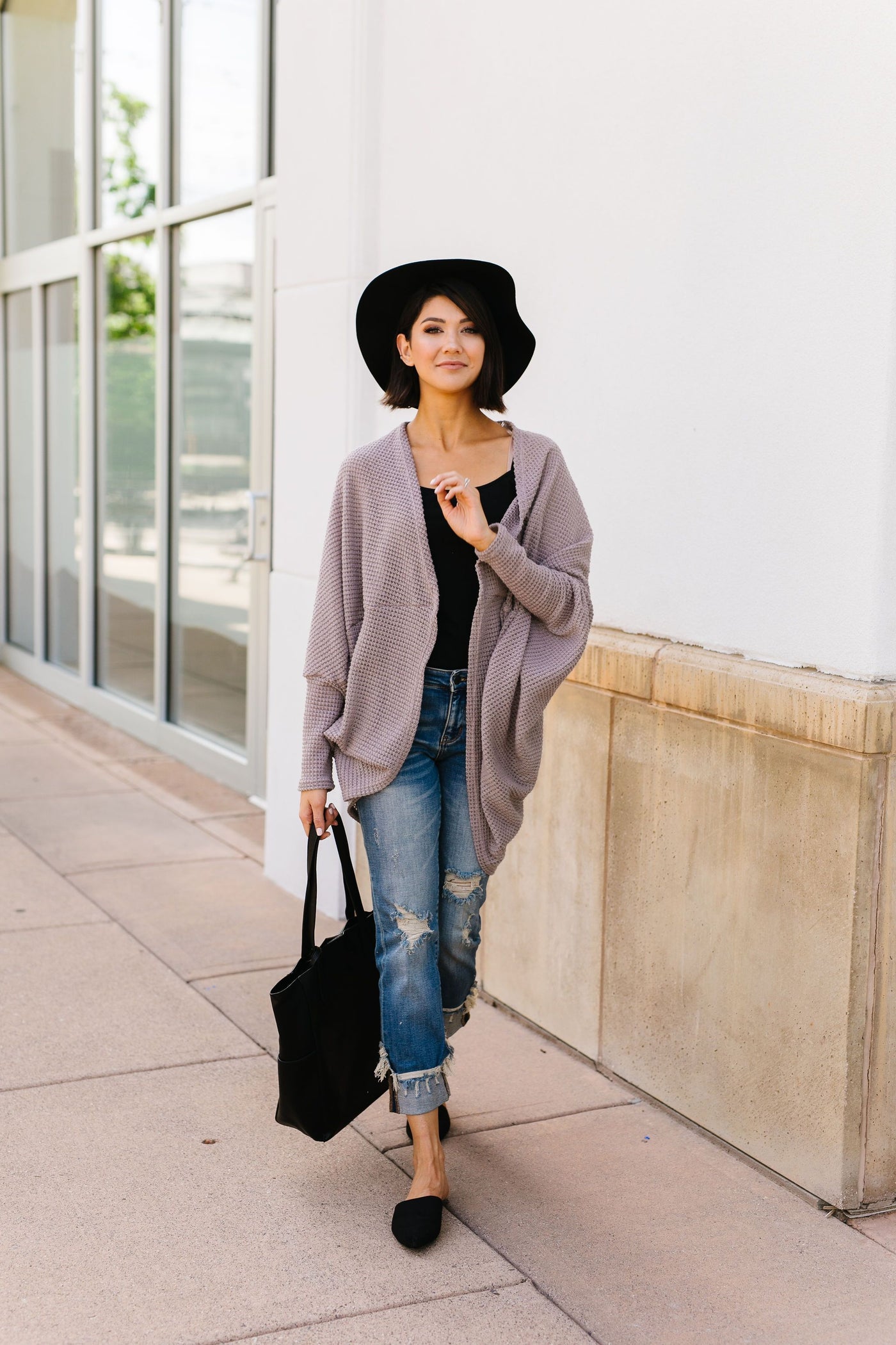 Waffle Knit Slouchy Cardi In Taupe