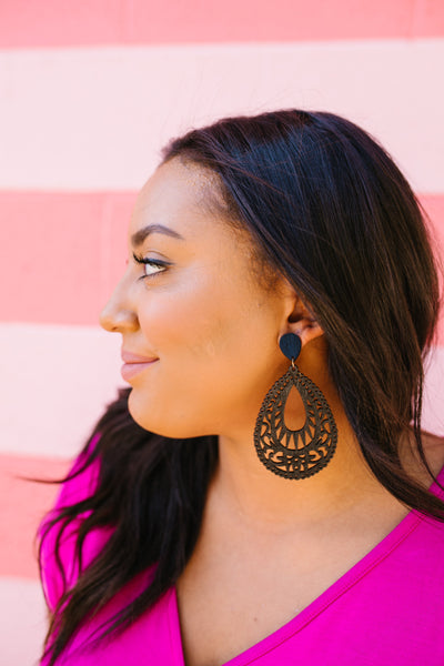 Wood Filigree Teardrop Earrings